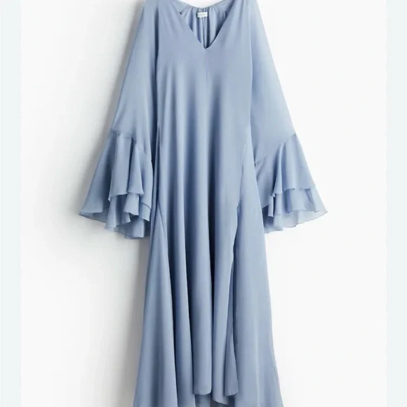Elegant H&M Edition Light Blue Ruffle-Sleeve V-Neck Long Dress. Sz Large - Picture 1 of 7